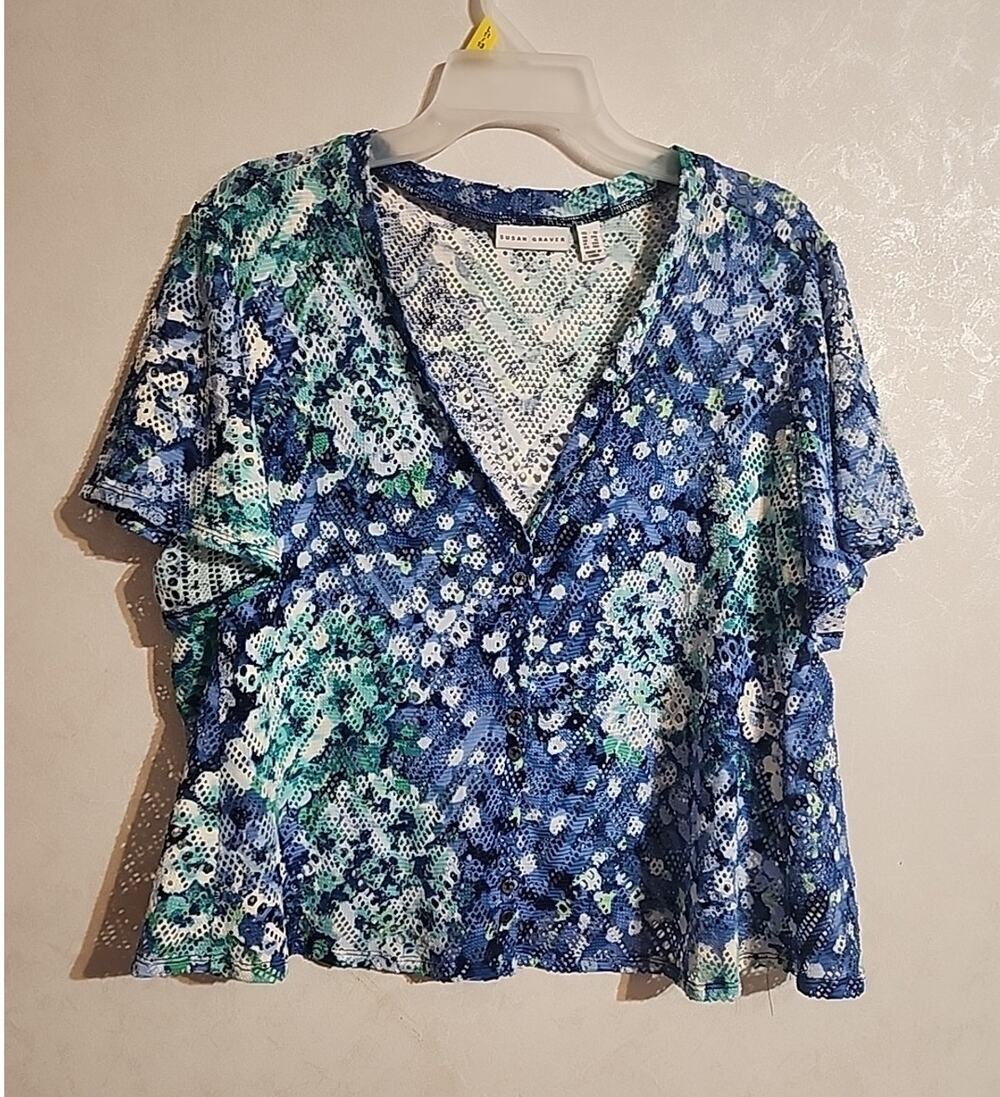 Susan Graver Eyelett Button Up Top Blue Green White Cap Sleeve sz 1X